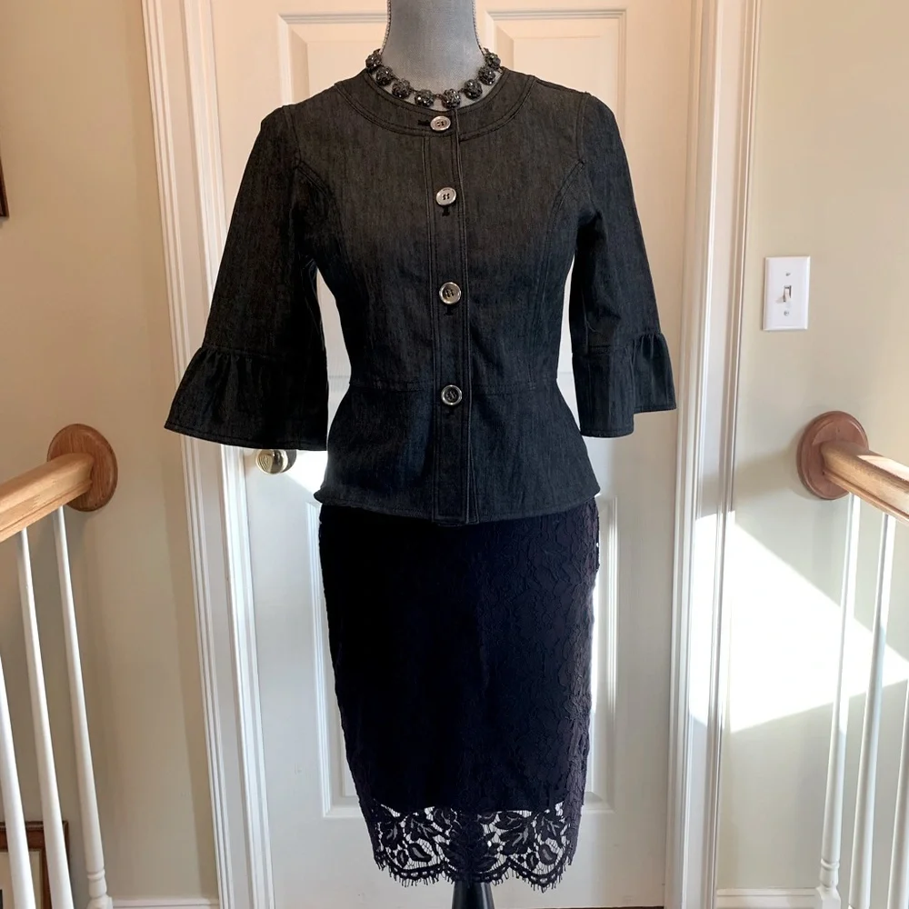 Sandro ruffled jean jacket with 3/4 length sleeve silver tone buttons size S - Picture 5 of 8